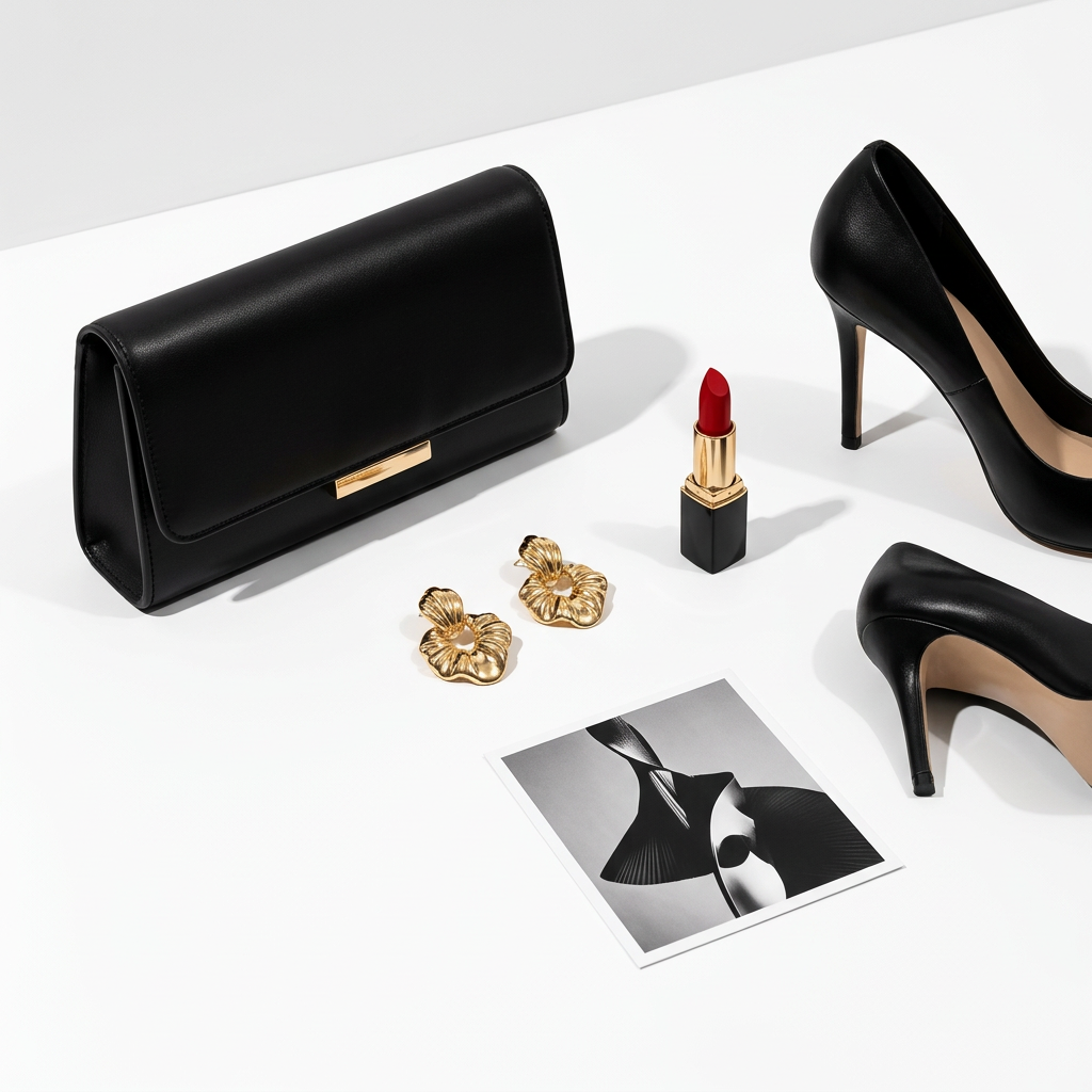 A complete look coordinated with a black bag, heels, gold earrings, and red lipstick